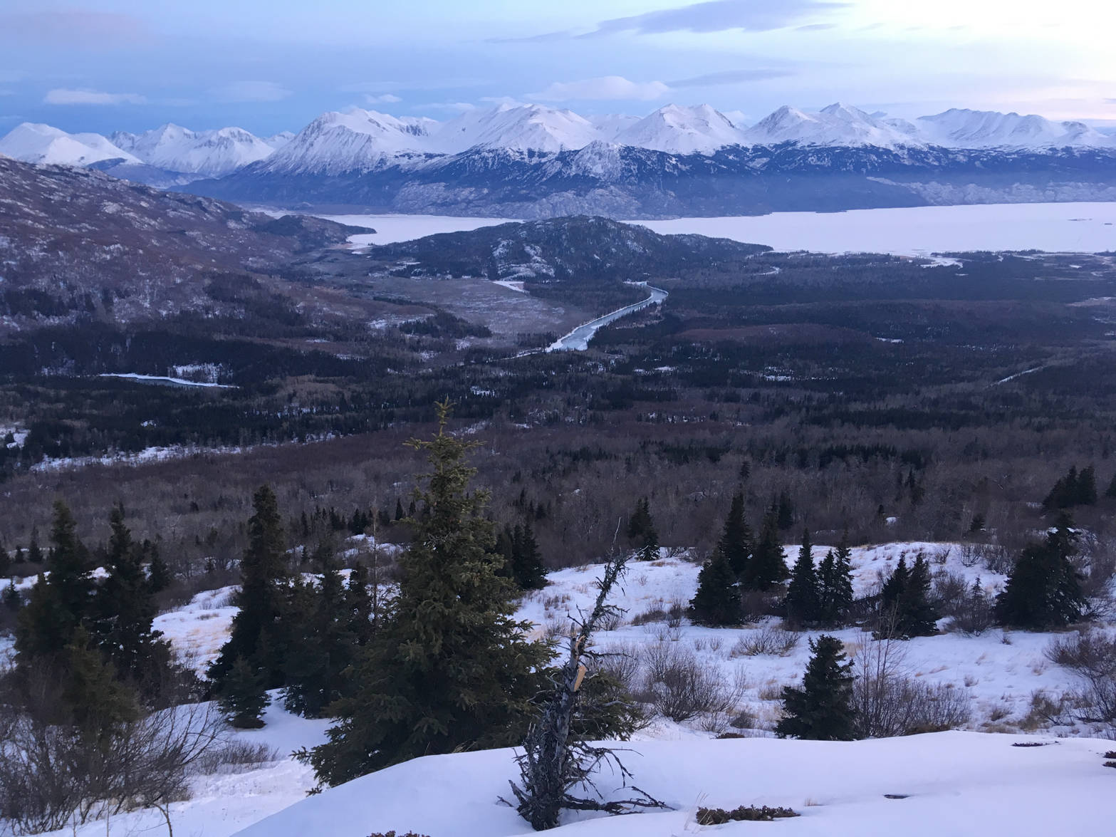 The Kenai River and Skilak Lake, as seen from the top of Hideout Trail Feb. 21, 2018. (Photo by Jeff Helminiak/Peninsula Clarion)