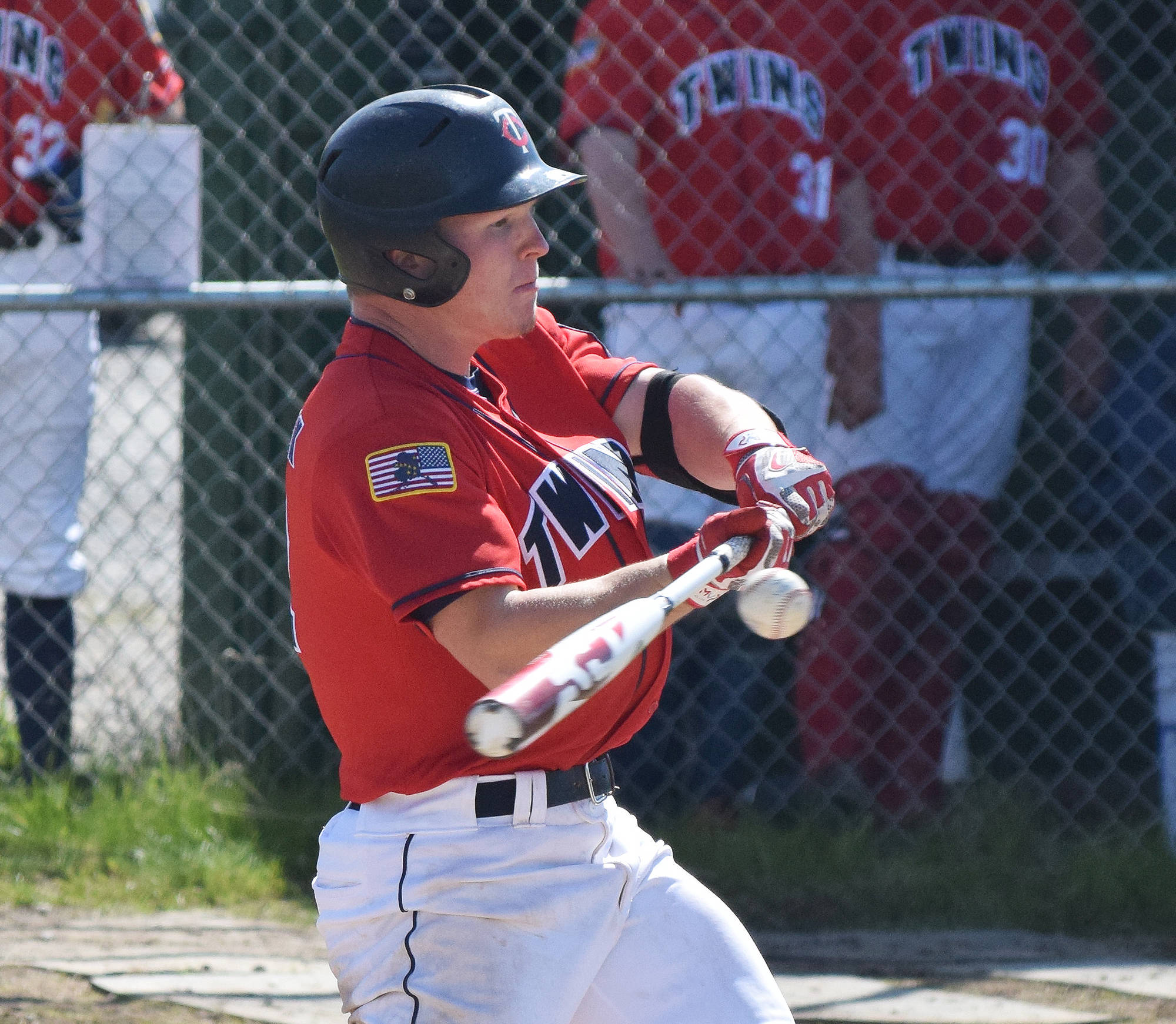 Twins batter Paul Steffensen takes a swing at a pitch by Bartlett Bears starter Taylor McCort on June 7 in an American Legion contest at the Kenai Little League fields. (Photo by Joey Klecka/Peninsula Clarion)