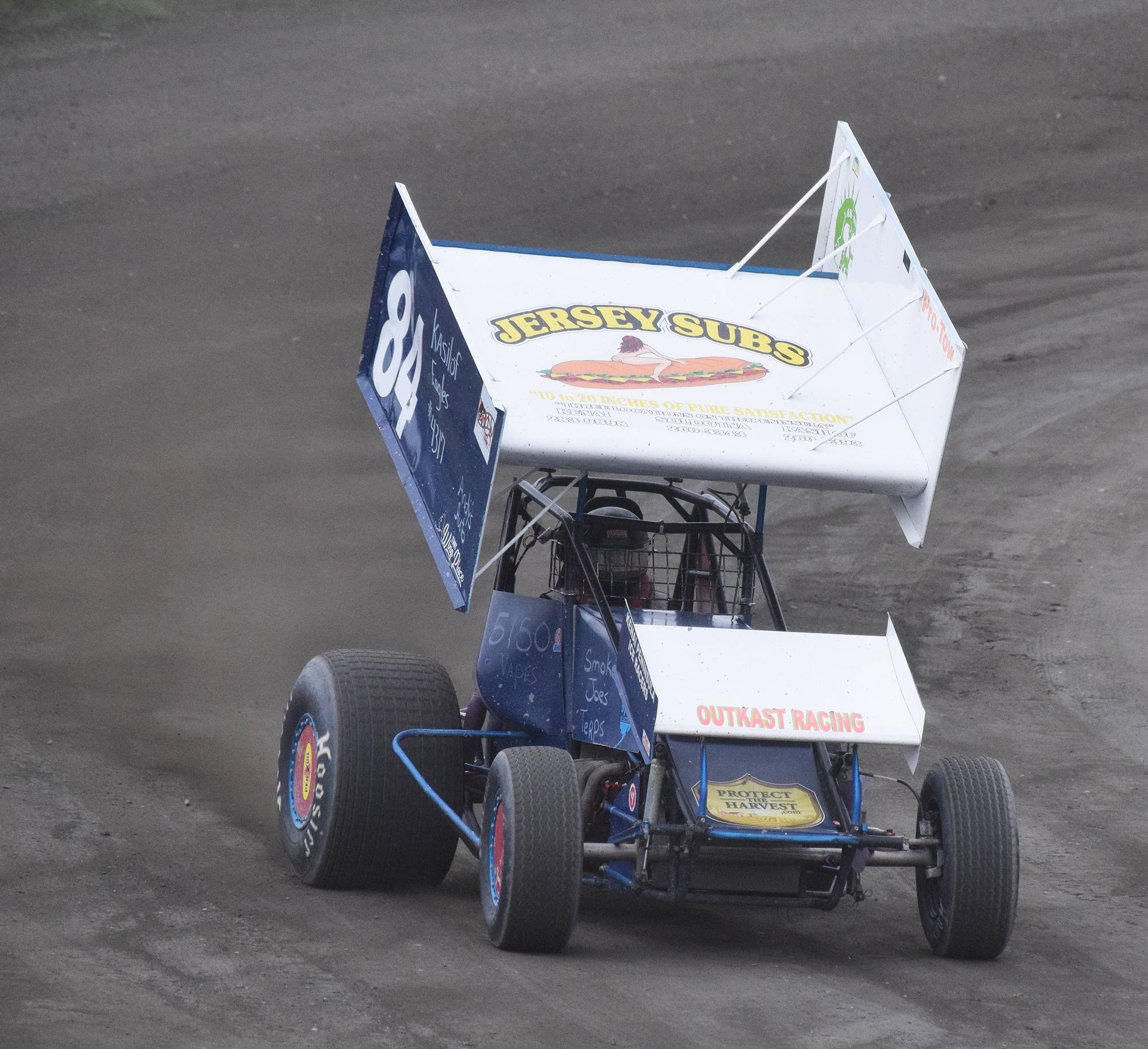 The No. 84 Sprint Car of Jimmie Hale slides through a curve Saturday night at Twin City Raceway in Kenai. (Photo by Joey Klecka/Peninsula Clarion)