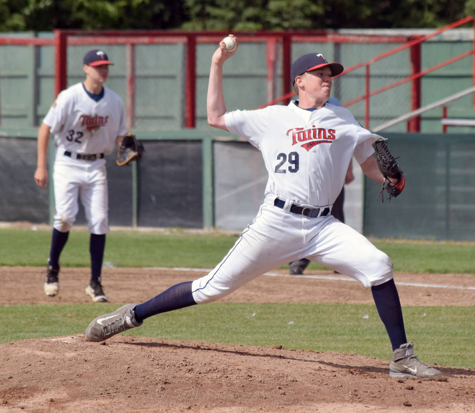 Twins reliever Austin Asp delivers to Palmer on Sunday, July 15, 2018, at Coral Seymour Memorial Park in Kenai. (Photo by Jeff Helminiak/Peninsula Clarion)