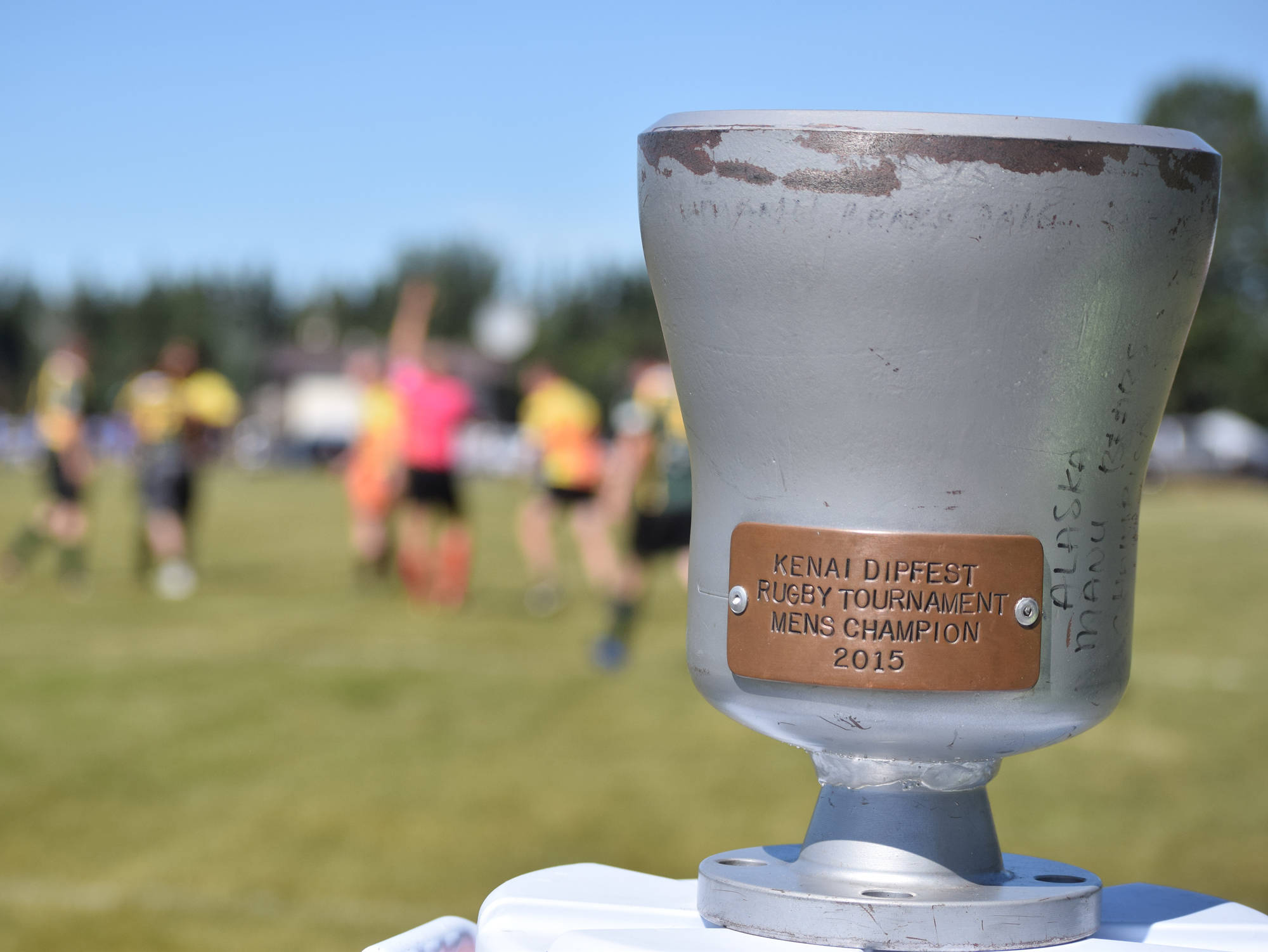 The Between the Tides Dipfest Rugby 10’s tournament trophy awaits a winner Saturday at Spur View field in Kenai. (Photo by Joey Klecka/Peninsula Clarion)
