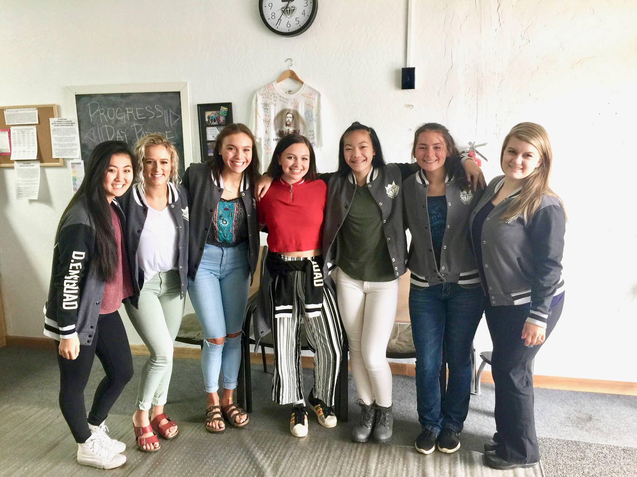 The seven dancers, Caroline Cho, Rylee Downs, Autianna Spann, Shanna Anderson, Ysabelle Soyangco, Siobhan Dempsey and Shelby Anglebrandt get ready for their trip to Akita, Japan on Wednesday, near Kenai. (Photo by Victoria Petersen/Peninsula Clarion)