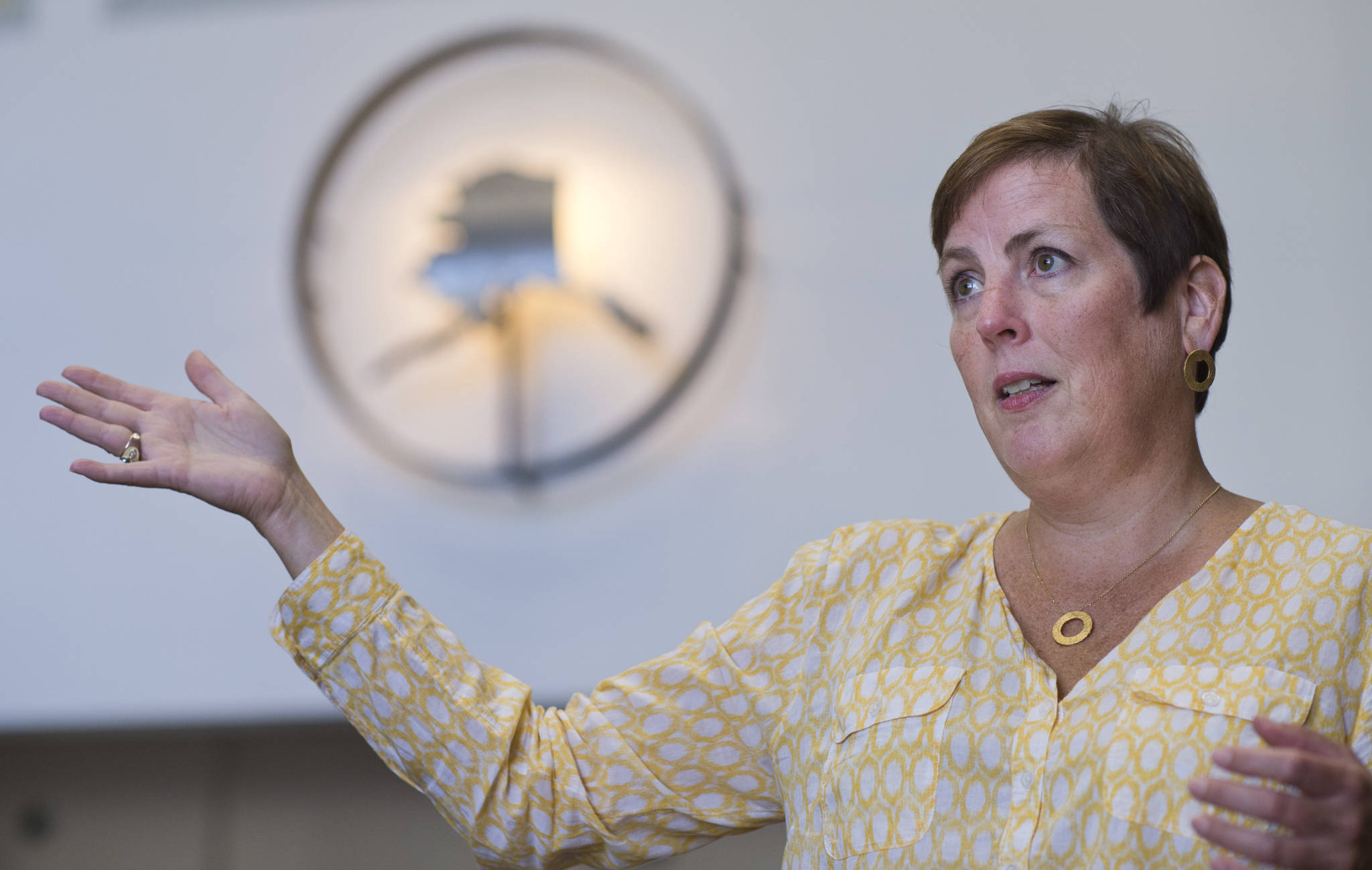 Angela Rodell, Executive Director of the Alaska Permanent Fund Corporation, speaks about the positive results of the fund this year at the APFC office on Thursday, July 26, 2018. (Michael Penn | Juneau Empire)