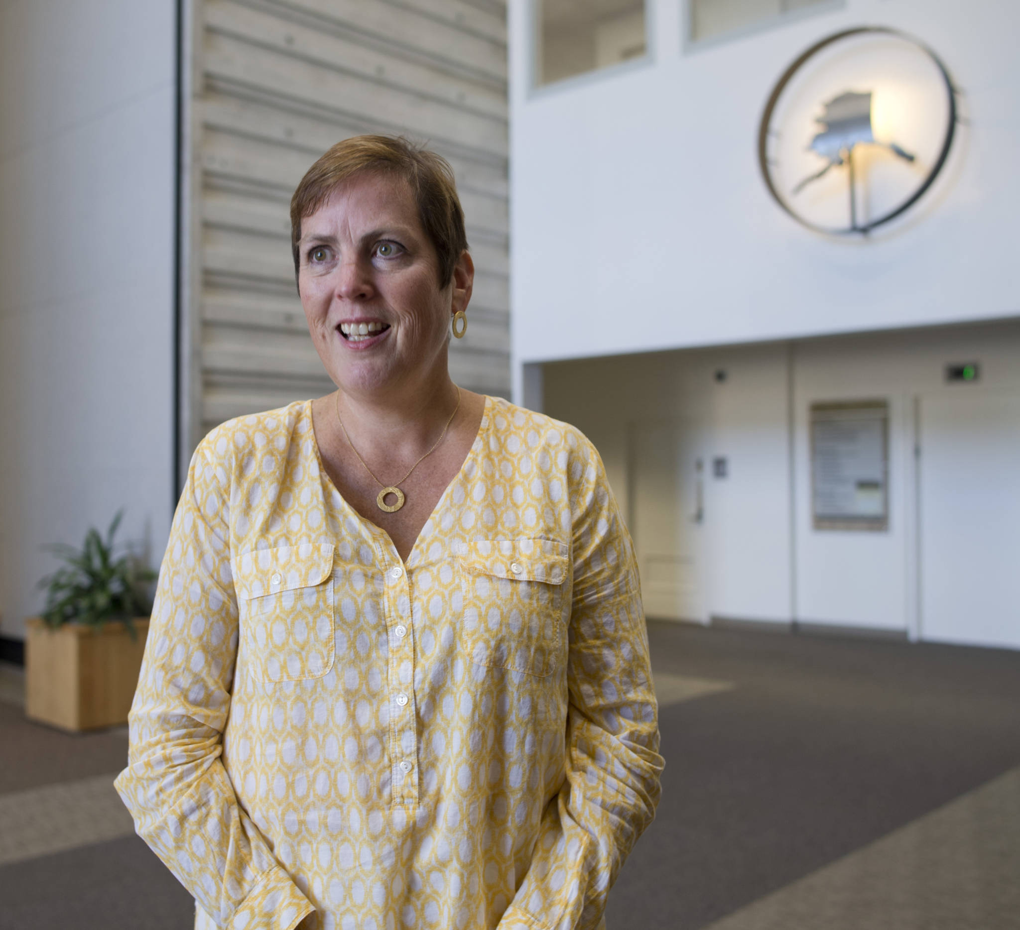 Angela Rodell, Executive Director of the Alaska Permanent Fund Corporation, speaks about the positive results of the fund this year at the APFC office on Thursday, July 26, 2018. (Michael Penn | Juneau Empire)