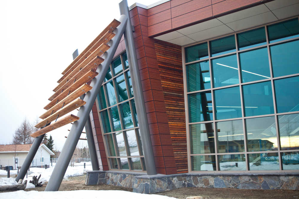 Photo by Rashah McChesney/Peninsula Clarion  The Dena'ina Wellness Center in Old Town Kenai is in its final stages of construction Jan. 30, 2014 in Kenai, Alaska.  Several architectural additions to the building are reminiscint of Alaska Native staples including this one meant to look like a fish rack.