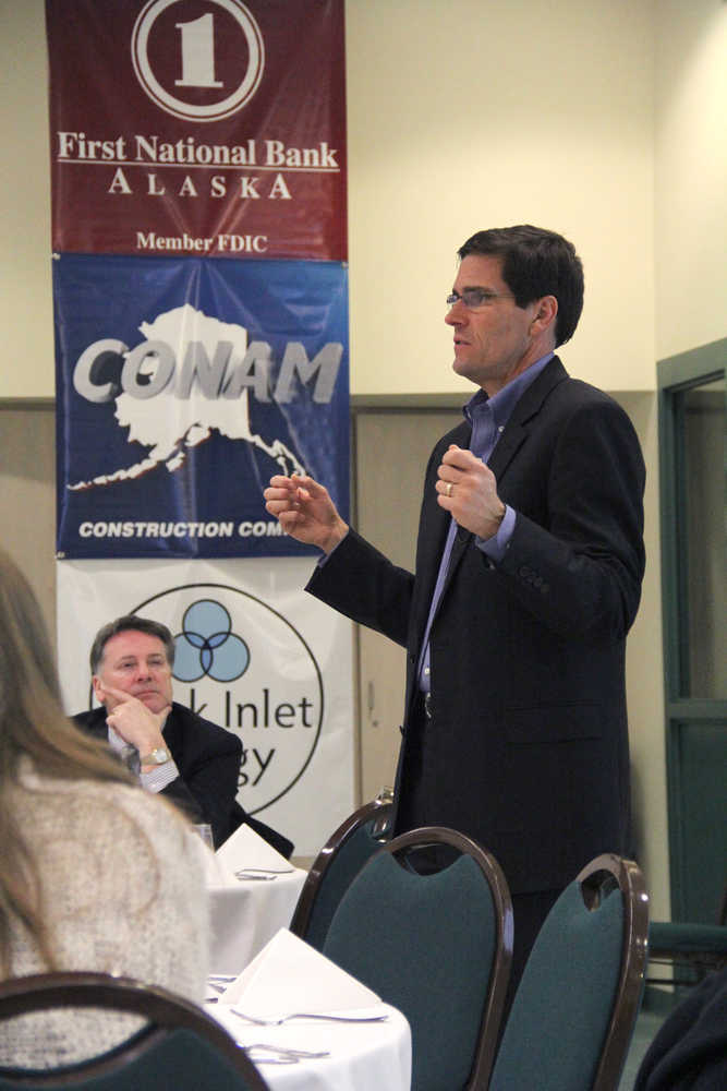 Steve Butt, senior project manager for the Alaska LNG Project, talks about the progress of the project at the 2014 Kenai Industry Update Forum at the Challenger Learning Center of Alaska in Kenai on Jan. 30, 2014.
