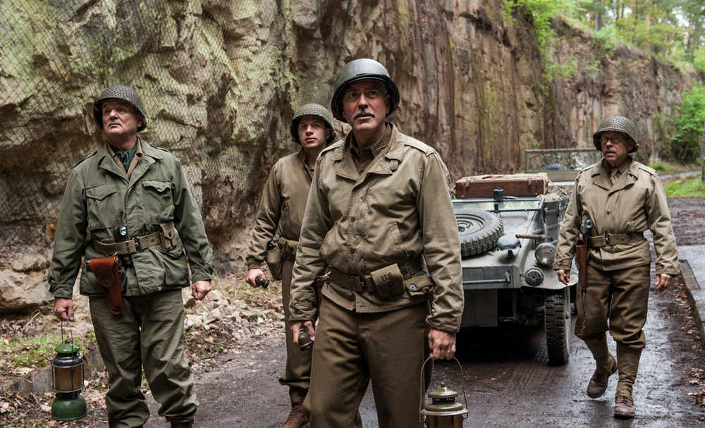 This image released by Columbia Pictures shows, from left,  Bill Murray, Dimitri Leonidas, George Clooney and Bob Balaban in "The Monuments Men." (AP Photo/Columbia Pictures, Claudette Barius)