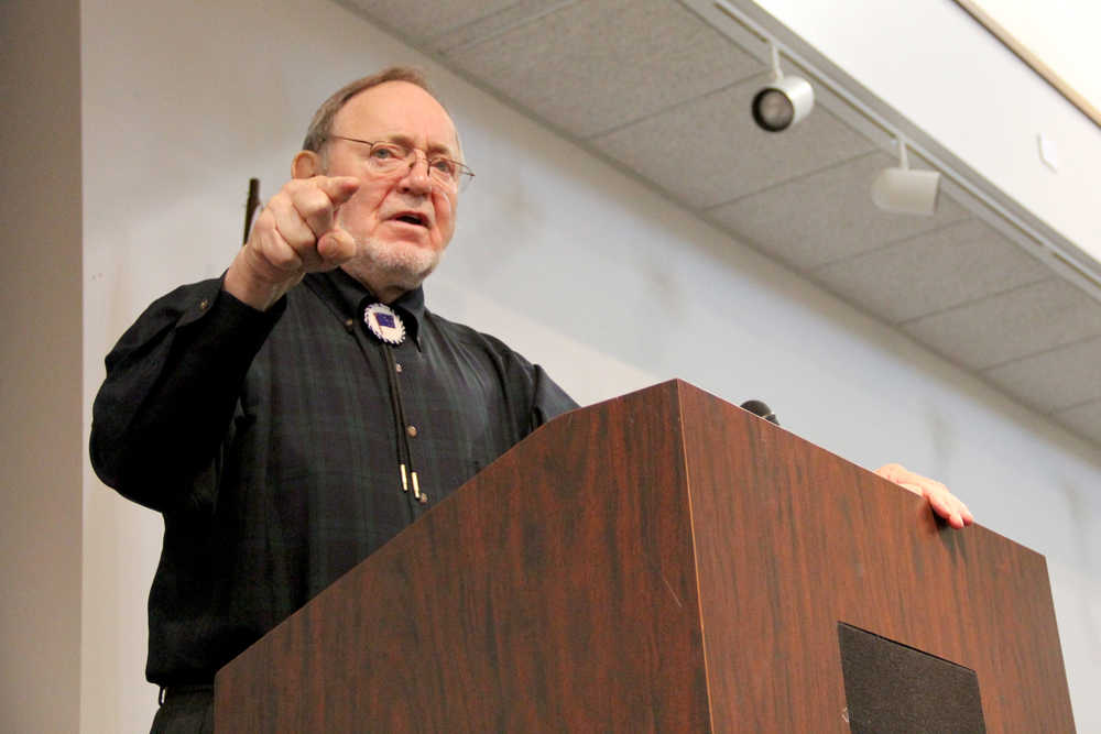 Republican Alaskan Congressman Don Young speaks to about 100 people at Wednesday's Kenai and Soldotna joint chamber luncheon. Photo by Kaylee Osowski/Peninsula Clarion