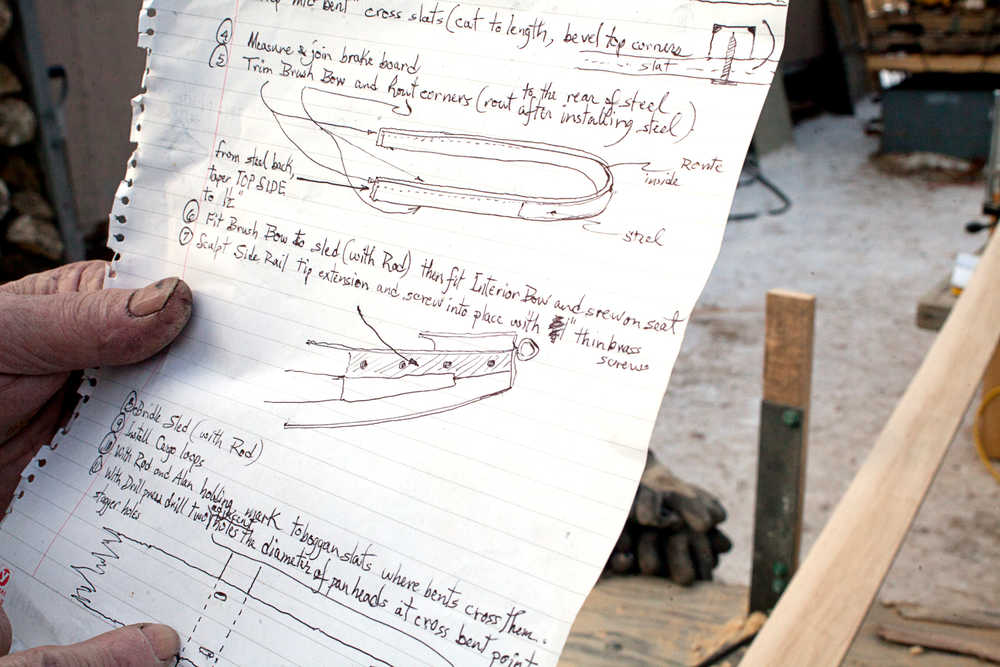 Photo by Rashah McChesney/Peninsula Clarion  Cliff Sisson holds instructions for a portion of a wooden Iditarod sled he and two companions are building in advance of this year's race Thursday Feb. 20, 2014 in Kasilof, Alaska.
