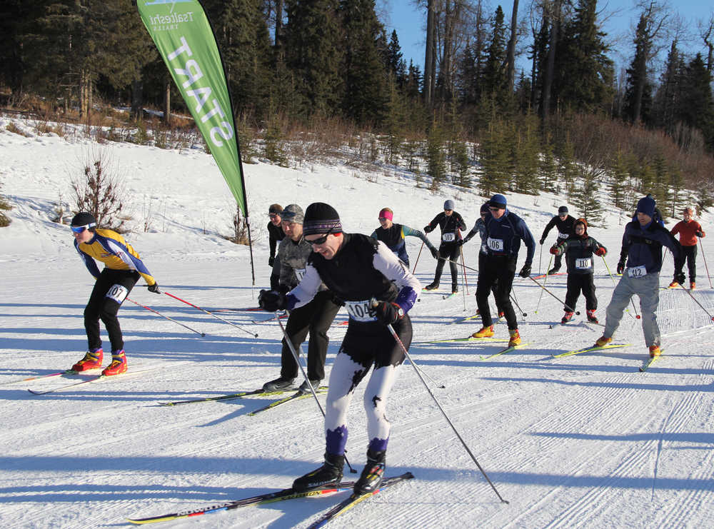 Photo by Dan Balmer/Peninsula Clarion Racers take off at the 1st annual Fuzzy Predator 10K ski race at Tsalteshi Trails Sunday. Kent Peterson (front) won the race in 30 mintues and nine seconds. John-Mark Pothast (far left) finished second with a time of 31:10.