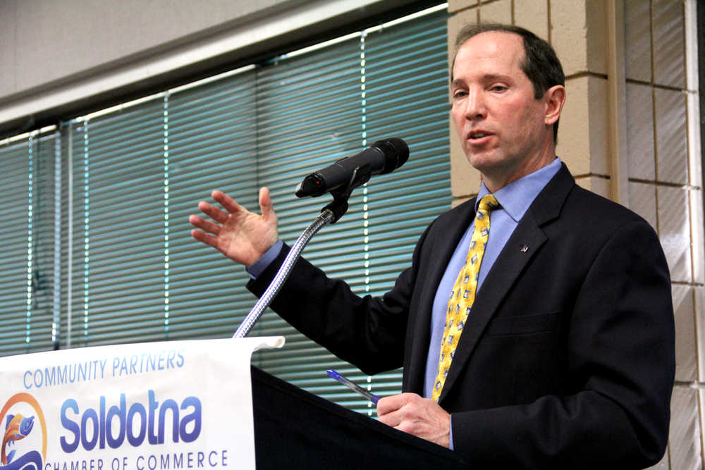 Kenai Peninsula Borough Mayor Mike Navarre speaks to attendees at the Soldotna and Kenai Chambers of Commerce joint luncheon on Tuesday at the Soldotna Regional Sports Complex. Photo by Kaylee Osowski/Peninsula Clarion