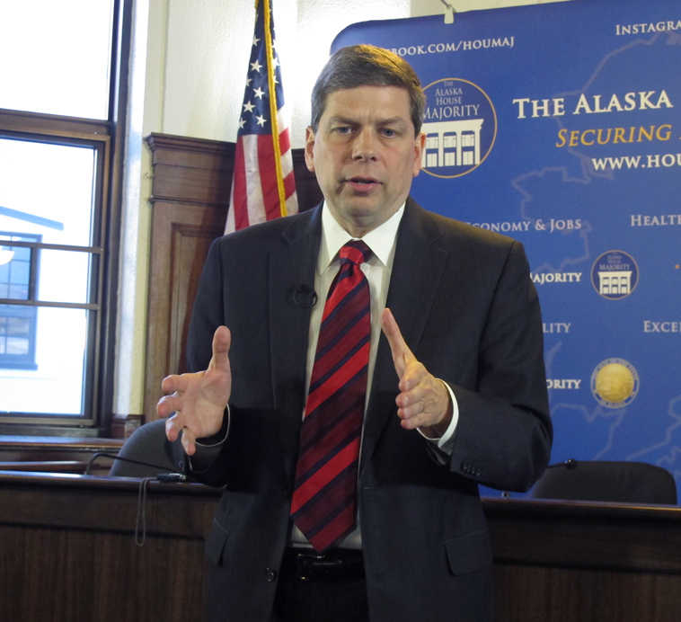 U.S. Sen. Mark Begich, D-Alaska, addresses reporters during a news conference after he spoke to a joint session of the Alaska Legislature on Monday, March 3, 2014, in Juneau, Alaska. (AP Photo/Becky Bohrer)