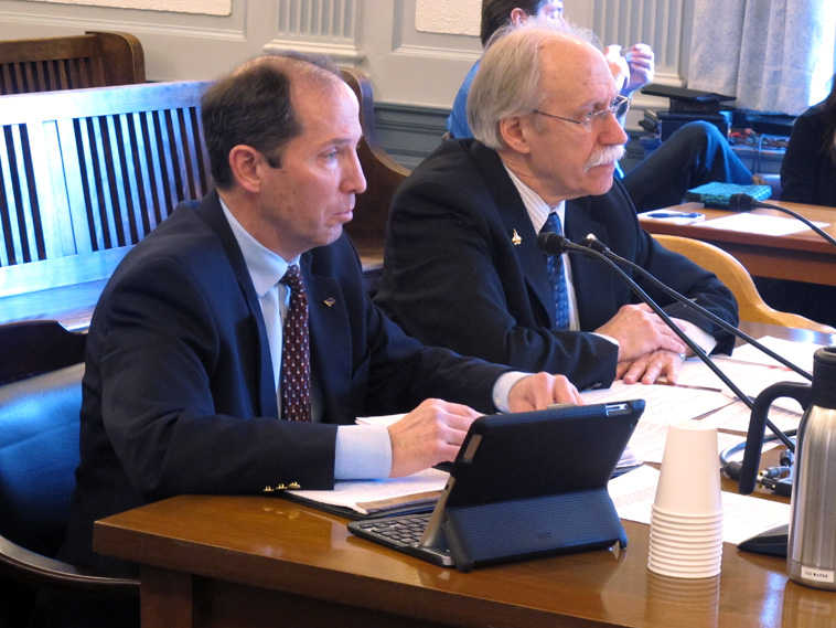 Kenai Peninsula Borough Mayor Mike Navarre, left,  and Fairbanks North Star Borough Mayor Luke Hopkins appear before the Senate Finance Committee to express concerns about municipality input in aspects of gas line negotiations that affect local communities on Thursday, March 6, 2014, in Juneau, Alaska. (AP Photo/Becky Bohrer)