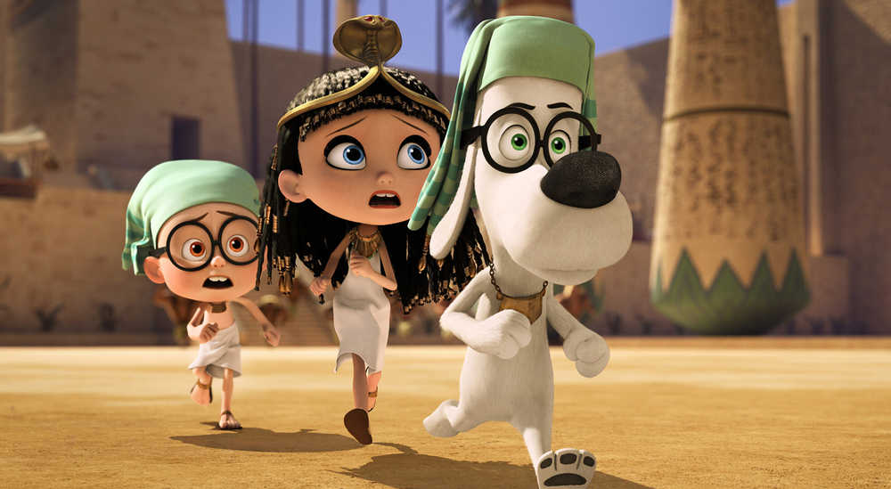 This image released by DreamWorks Animation shows Sherman, voiced by Max Charles, from left, Penny, voiced by Ariel Winter, and Mr. Peabody, voiced by Ty Burell, in a scene from "Mr Peabody & Sherman." (AP Photo/ DreamWorks Animation)