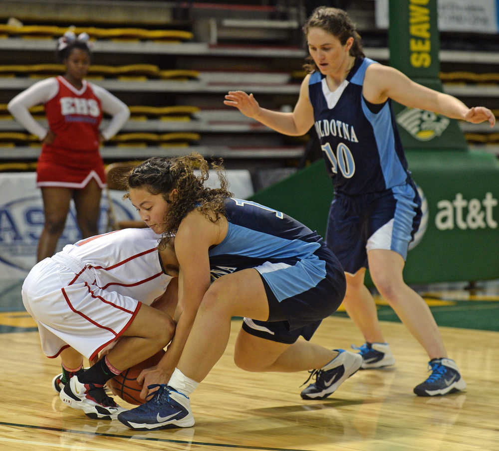 Soldotna High School senior Makayla Wong pressures an East player during their 4A girls consolation bracket game in the ASAA state basketball tournament at Anchorage's Sullivan Arena on Friday.