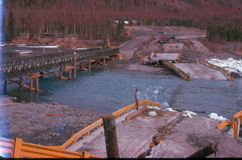 Contributed photo KPC Photo Archive This Cheechako New photo show the effect of earthquake on the bridge over the Kenai River in Cooper Landing.