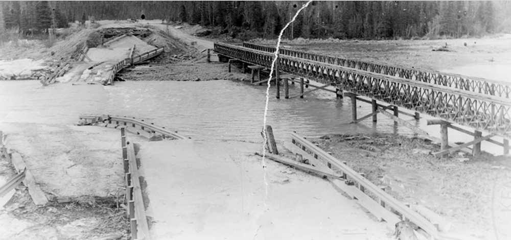 Courtesy photo KPC Photo Archive Photographer Richard Mommsen got this photo of one of several bridges heading south from Anchorage on the Seward/Sterling highway, damaged by the Good Friday Earthquake.