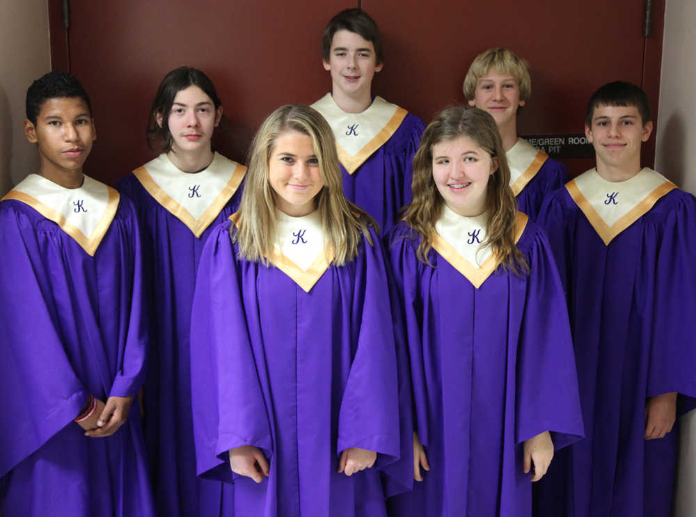 Seven students from Kenai Middle School were named to the All Northwest Honor Choir. The All Northwest Honor Choir includes students from Alaska, Washington, Oregon, Idaho, Montana and Wyoming. Participants traveled to Seattle during spring break to work with a choral director. The event culminated with a performance on March 16. The students pictured from left to right are: Kevin Ramos (8th grade), Raleigh VanNaughta (8th), Olivia Brewer (7th), Hunter Fitt (8th), Brittney Gilman (8th), Karl Danielson (8th), and Zach Tuttle (8th).