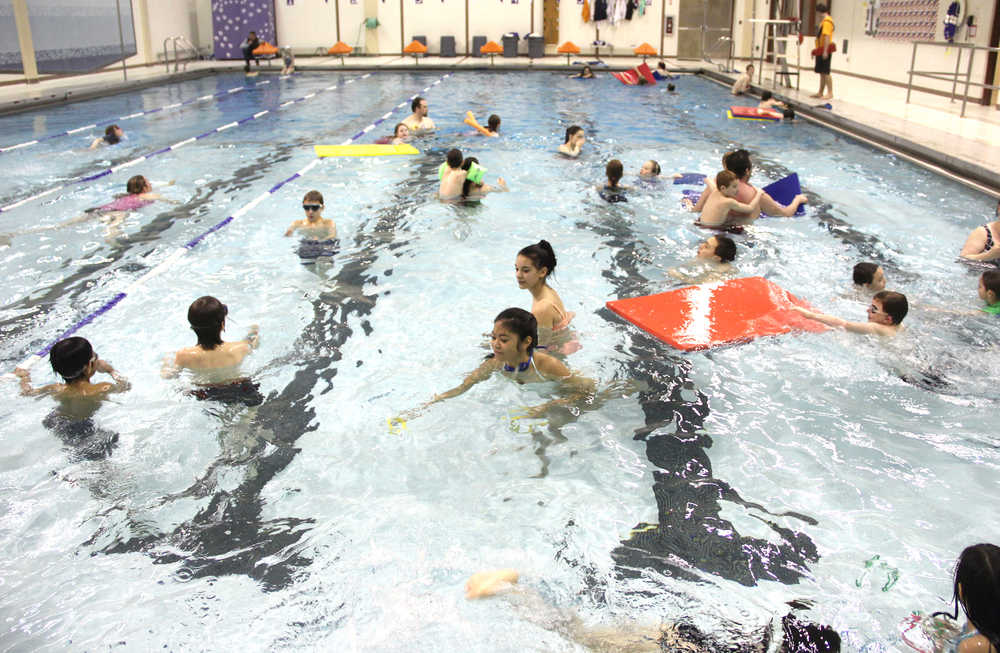 Photo by Kaylee Osowski/Peninsula Clarion At its monthly free swim, the Central Peninsula Change Club saw the Skyview High School Pool nearly at capacity at one point on Monday, Linda Tannehill with the Kenai Peninsula Cooperative Extension Service office said. The club hosts a free swim night from 3-6 p.m. the last Monday of every month. Each month has a different sponsor. Sweeney's Clothing of Soldotna sponsored Monday night's swim.