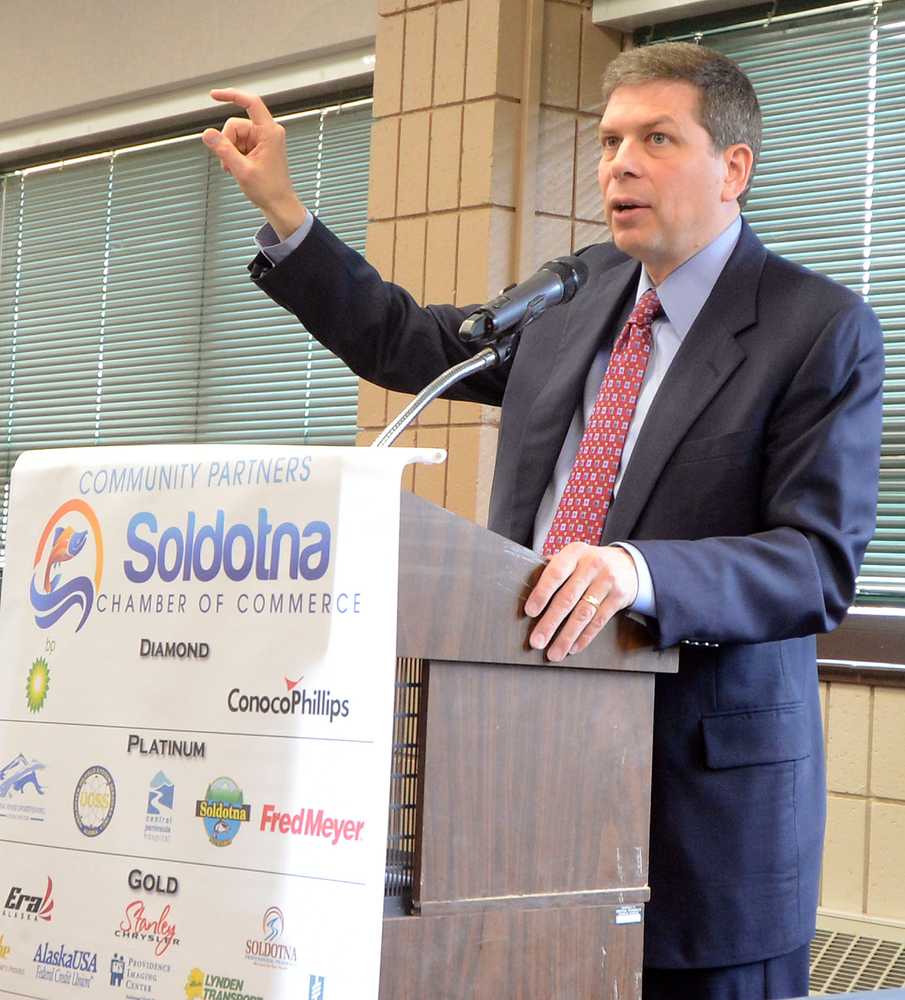 Photo by Dan Balmer/Peninsula Clarion Democratic U.S. Senator Mark Begich speaks at a joint Soldotna and Kenai Chamber Luncheon Tuesday at the Soldotna Regional Sports Complex. Begich visited the Kenai Peninsula Tuesday to give a congressional update and answered questions about tax reform, oil production in the Arctic and health care.