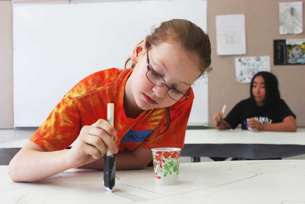 Photo by Kelly Sullivan/ Peninsula Clarion Anna Widman came up with the idea for a community inclusive mural, drawn by her art students at Nikiski high school and painted by community members on Friday and Saturday, April 11 and 12, at the Nikiski Recreation Center.
