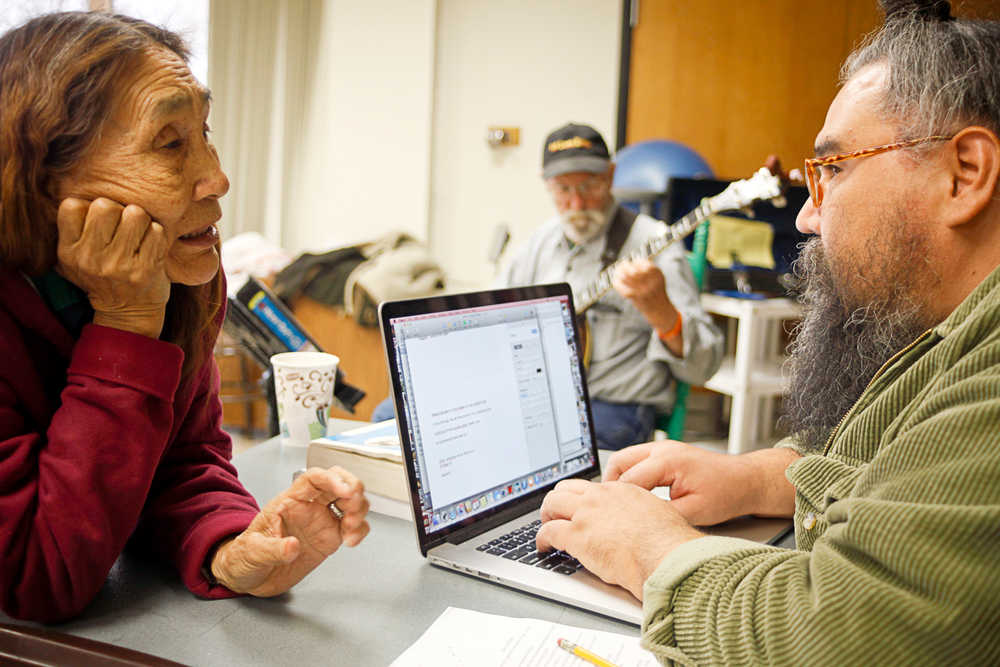 Photo by Rashah McChesney/Peninsula Clarion  Lucy Daniels, an advocate for the Kenaitze Indian Tribe, teaches the Yup'ik alphabet to a group Tuesday April 15, 2014 at Kenai Peninsula College, Kenai River Campus in Soldotna, Alaska.
