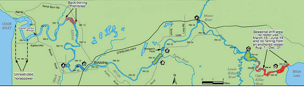 Graphic Courtesy Alaska Department of Fish and Game This graphic shows, in red, the correct portion of the Kenai River, between the Upper Killey River and Skilak Lake, which should be subject to the May 2 to June 10 fishing closure.  The Fish and Game regulation book was printed with a smaller area of closure than what is currently in regulation.