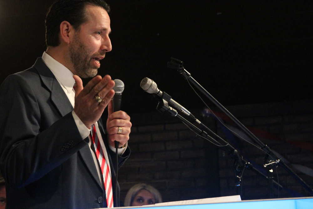 Alaska Republican U.S. Sen. candidate Joe Miller officially launches his campaign before a crowd of about 200 supporters on Monday, April 21, 2014, in Wasilla, Alaska. Miller won the 2010 Republican Senate primary before losing to U.S. Sen. Lisa Murkowski, R-Alaska, who mounted a write-in campaign for the general election. (AP Photo/Mark Thiessen)