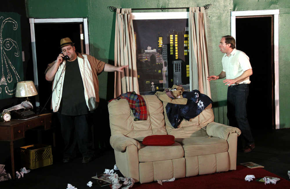 Ian McEwen, left, plays Oscar Madison and Jamie Nelson, right, plays Felix Ungar in Neil Simon's "The Odd Couple" at a dress rehearsal on Tuesday. Performances, directed by Angie Nelson, will the Thursday, Friday and Saturday at the Triumvirate Theatre in Soldotna. Photo by Kaylee Osowski/Peninsula Clarion