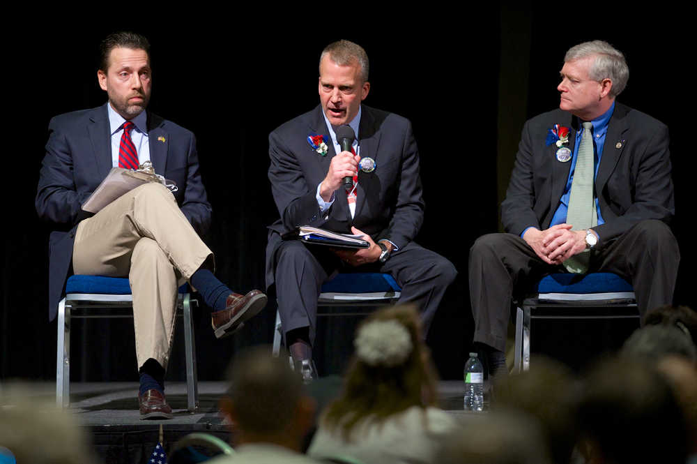 Candidates Joe Miller, left, Dan Sullivan, center, and Lt. Gov. Mead Treadwell appear on stage together at the state Republican Convention at Centennial Hall on Friday. The three are running against each over for the Republican nomination to run against Democrat Sen. Mark Begich next November.