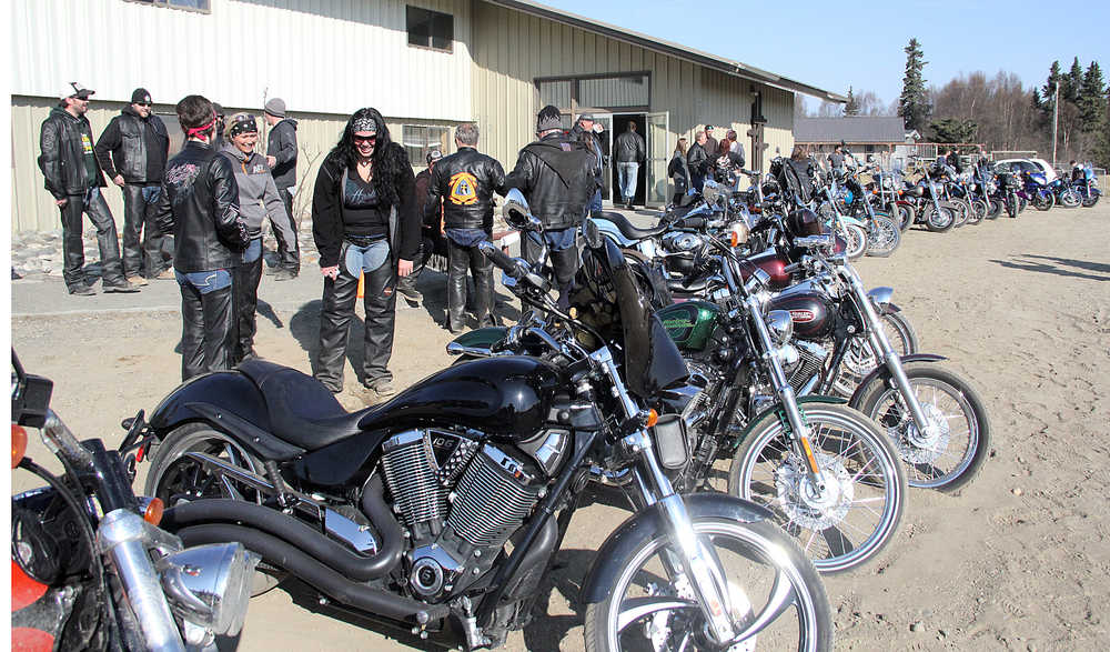 Photo by Dan Balmer/Peninsula Clarion More than 40 motorcycle enthusiasts gathered at the Nikiski Church of the Nazarene for a biker blessing Sunday.