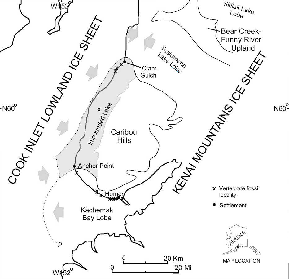 Maximum extent of the last major (Naptowne) glaciation compared to localities where fossils have been found.