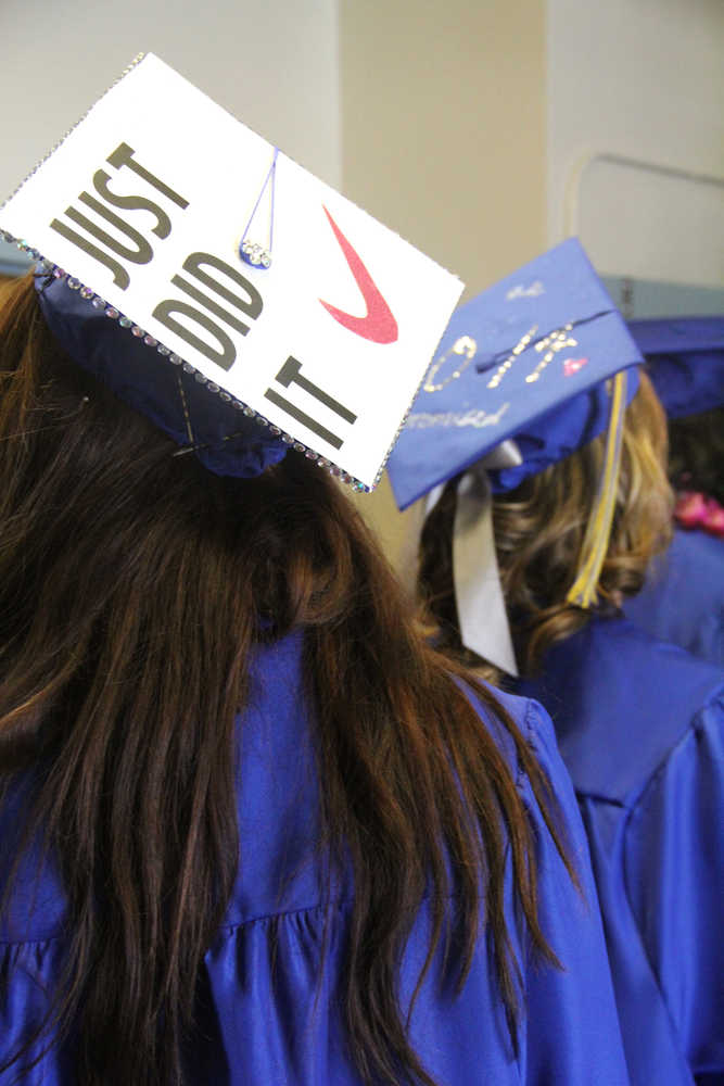 Kalee Brusven "just did it," graduated from Kenai Alternative High School in Kenai on Monday, as her mortarboard says. Photo by Kaylee Osowski/PeninsulaClarion