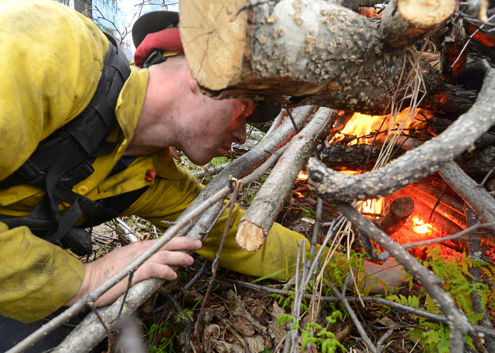 Photo by Rashah McChesney/Peninsula Clarion  Central Emergency Services firefighter Jake Lamphier lights a small brush pile on fire as his crew works to clear potential fuel from a fire line on Funny River Road Tuesday May 27, 2014 in Soldotna, Alaska. Nearly 700 firefighters and support personnel travelled to the Kenai Peninsula to keep the Funny River Horse Trail wildfire from overtaking communities in the area. The most recent maps show the fire to have burned 182,209, or 285 square miles, of Kenai Peninsula Wildlife Refuge land.