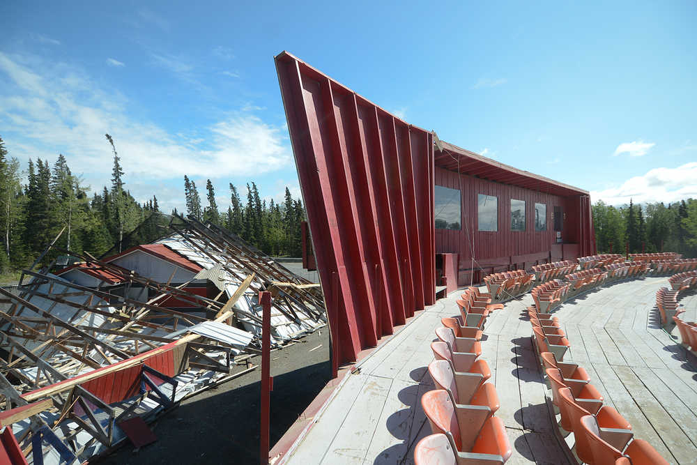 Photo by Rashah McChesney/Peninsula Clarion The roof and portions of the grandstand Coral Seymour Memorial Park, or Oiler Park, blew off during an episode of heavy wind gusts Saturday May 31, 2014 in Kenai, Alaska.