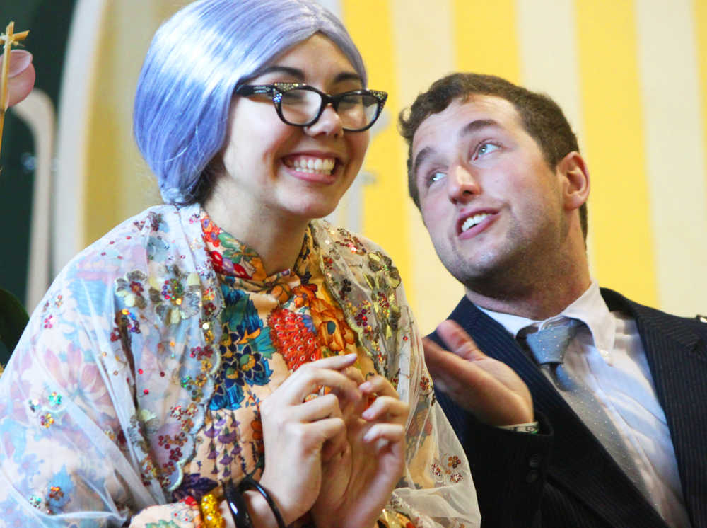 Photo by Kelly Sullivan/Peninsula Clarion Elan Krull and Daniel Rozak run through a rehearsal for the Kenai Performers production of Leading Ladies, May 28, on Kalifornsky Beach.