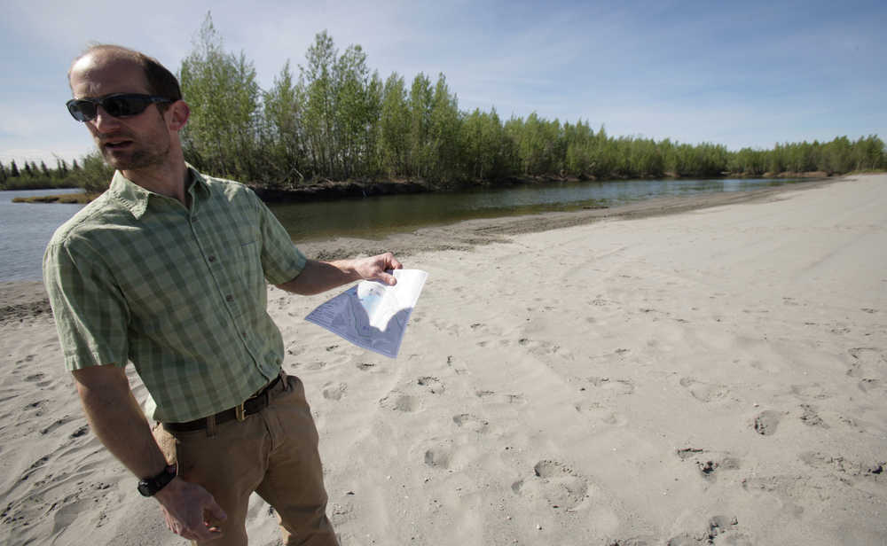 Steve Taylor of the Fairbanks North Star Borough Parks and Recreation department talks about the new beach as the Tanana Lakes Recreation Area off of South Cushman Street in Fairbanks, Alaska, nears completion Thursday morning, May 29, 2014. The recreation area, which offers a picnic area, sandy beach and both motorized and non-motorized lakes with boat launches, will open this summer. (AP Photo/Fairbanks Daily News-Miner, Eric Engman)