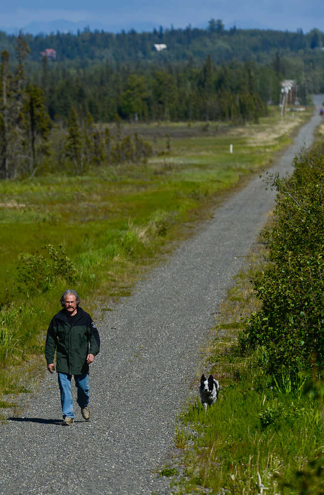 Photo by Rashah McChesney/Peninsula Clarion  Mike Sounart walks with his border collie and blue heeler mix Keeta on an unnamed road at the end of Lawton Drive Tuesday June 10, 2014 in Kenai, Alaska.