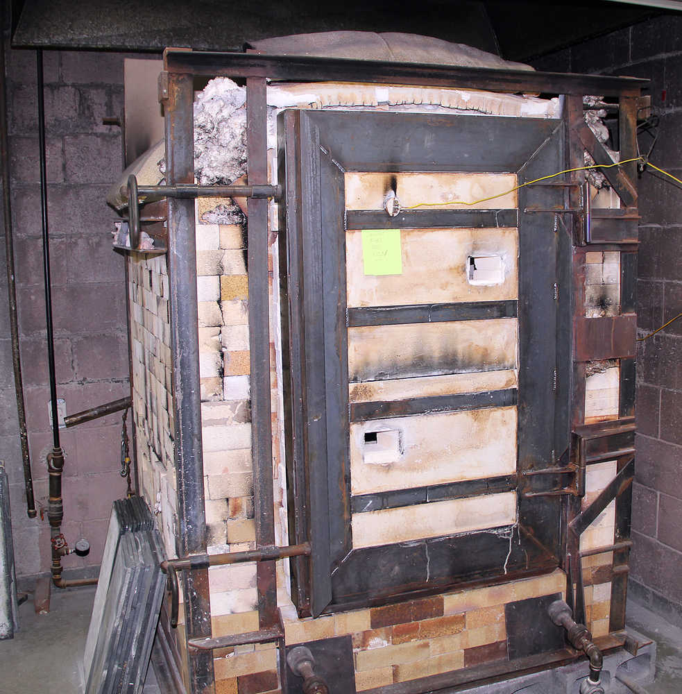 Photo by Dan Balmer/Peninsula Clarion The brick gas-fire kiln inside the Kenai Potter's Guild. The Peninsula Art Guild terminated the lease of the potters guild after an insurance inspection found the studio uninsurable. The space will need to be cleared out by September 30.