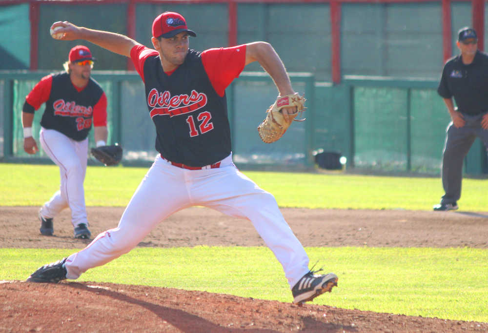 Photo by Kelly Sullivan/ Peninsula Clarion Dan Kolodin pitches to the Oceanside Waves, Thursday, June 19, at Oilers Park in Kenai.