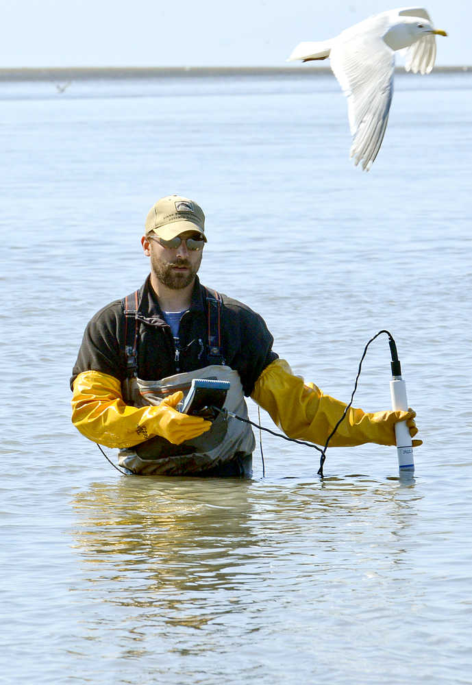 Photo by Rashah McChesney/Peninsula Clarion BBranden Bornemann, environmental scientists for the of the Kenai Watershed Forum, takes a water sample at the mouth of the Kenai River for an Alaska Department of Environmental Conservation and City of Kenai program that measures bacteria in the water in Kenai, Alaska.