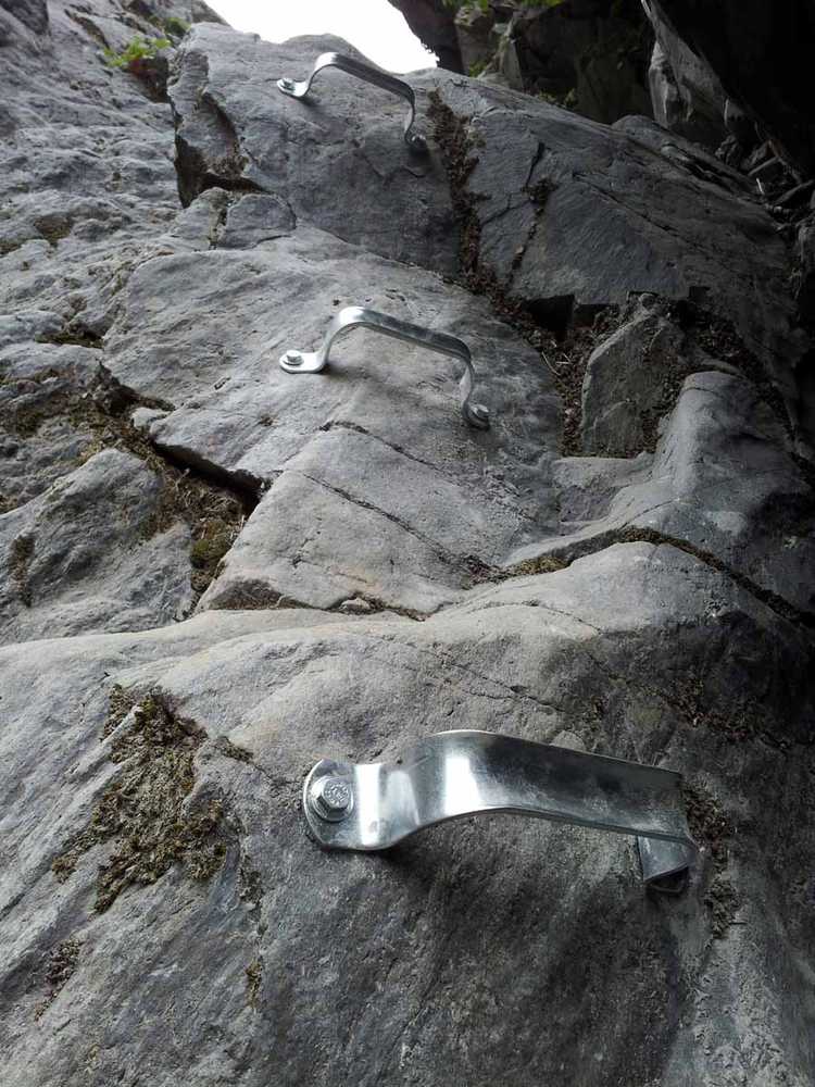 Handholds are seen at the cliffs section of Mt. Marathon on June 9 in Seward. Due to a miscommunication, the handholdsand other aids were installed as part of trail maintenance but have since been removed.