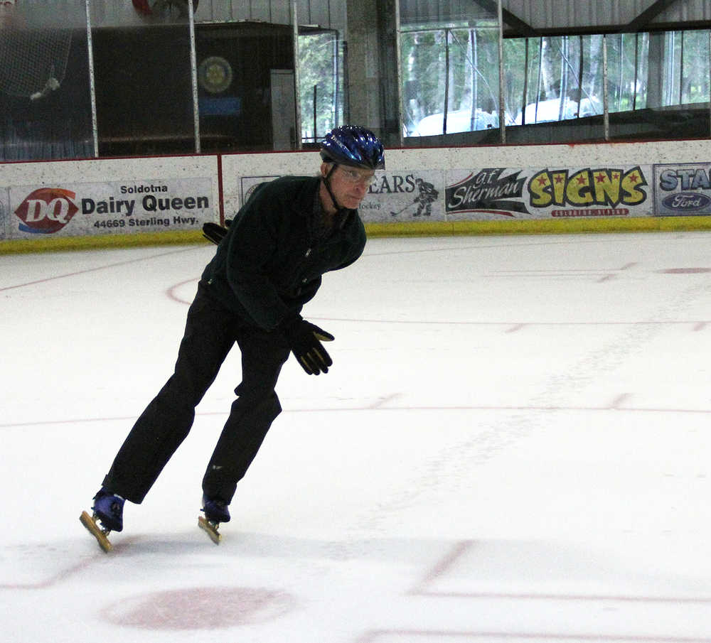 Photo by Dan Balmer/Peninsula Clarion Kenai resident Dan Sexton takes a lap during a free skating time at the ConocoPhillips Kenai Multi-Purpose Facility Monday. Sexton said he speed skates three times a week in the summer for exercise. A resolution to allocate funds for the design of permanent locker rooms for the facility is on the city council agenda for Wednesday's meeting.