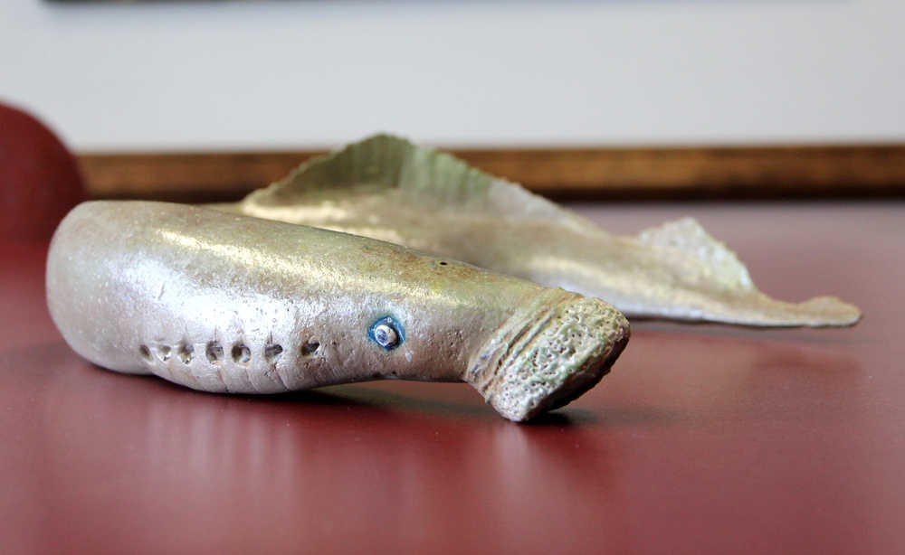 Pictured is a mounted pacific lamprey owned by Myke Bon, a fisheries biologist, who is studying the effects of lampreys on fish stocks on the Kenai Peninsula. The above lamprey was mounted in 2001. Bon has been studying lampreys for 15 years. Photo by Kaylee Osowski/Peninsula Clarion