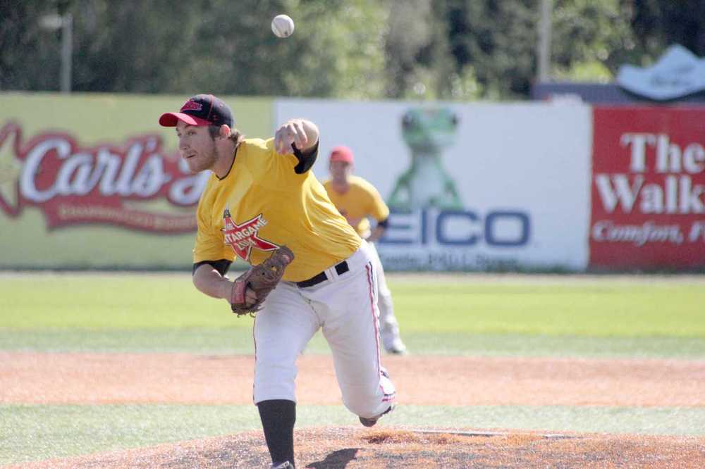 Peninsula Oilers lefty Chad Rieser fires a pitch during the Alaska Baseball League All-Star Game at Mulcahy Stadium in Anchorage Sunday. Rieser earned the start on the mound and worked two innings for the American Division squad, which beat the National Division team 10-5.