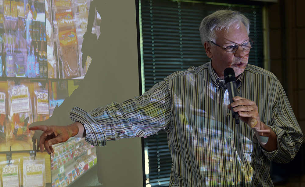 Photo by Rashah McChesney/Peninsula Clarion Tom Tougas, a representative from Big Marijuana. Big Mistake, talks about the marketing of marijuana "edibles" Tuesday July 29, 2014 at the Soldotna Sports Complex in Soldotna, Alaska. Tougas, whose organization opposes ballot measure no. 2 which would legalize and regulate marijuana use in the state, said the marketing of "edibles" using cartoon characters and candy could be interpreted as targeting children.