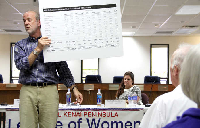 Sen. Hollis French, D-Anchorage, (left) holds an oil production forecast chart during a Ballot Measure No. 1 forum hosted by the League of Women Voters of the Central Kenai Peninsula at the George A. Navarre Borough Administration Building in Soldotna Thursday. Photo by Kaylee Osowski/Peninsula Clarion