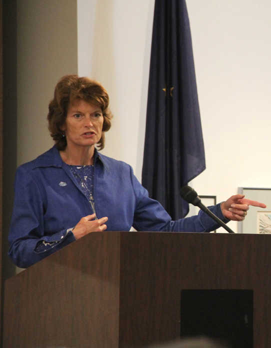 Photo by Kaylee Osowski/Peninsula Clarion U.S. Sen. Lisa Murkowski, R-Alaska, gives an update on goings-on in Washington D.C. at a joint Kenai and Soldotna Chambers luncheon on Wednesday at the Kenai Visitor and Cultural Center.