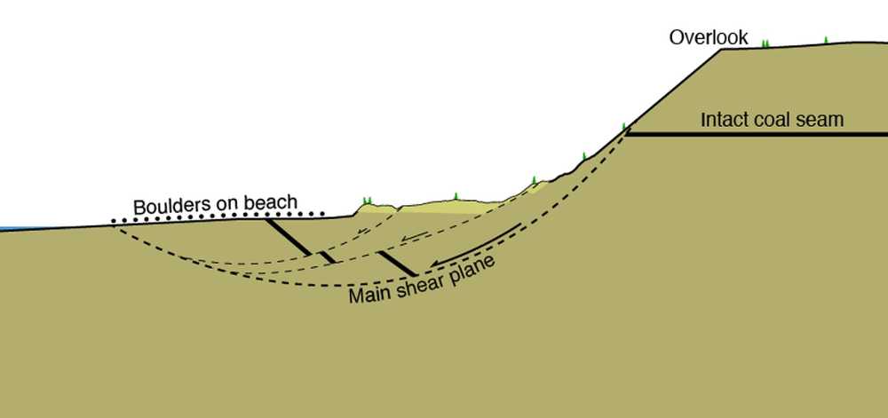 Schematic cross-section of Bluff Point Landslide, showing rotation of the coal layers in the slide mass.  This cross-section near the Baycrest Overlook is drawn to scale with no vertical exaggeration. The green trees are about 50 feet tall.  The light brown color depicts soil that has accumulated on the slide deposit from up-slope erosion since the slide occurred. The tide is shown at minus-5-foot level.  Underground shear planes (dashed lines) are probably more complex than shown. (Diagram by Bretwood Higman)