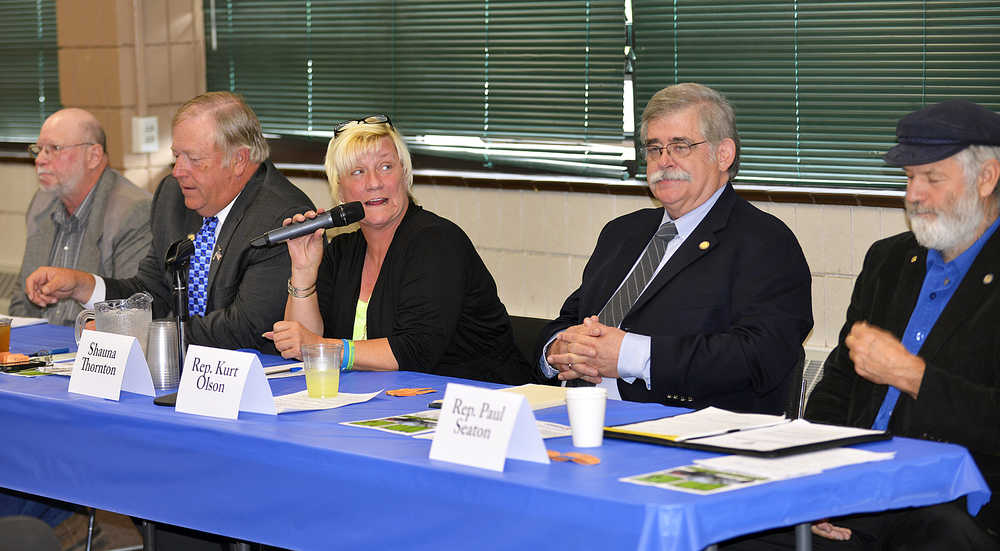 Photo by Dan Balmer/Peninsula Clarion Nikiski resident Rocky Knudsen, a Democrat, listens to a question from the audience at the State Legislature candidate forum Tuesday at the Soldotna Regional Sports Complex. Knudsen is running for the District 29 House of Representatives seat in the Nov. 4 general election.